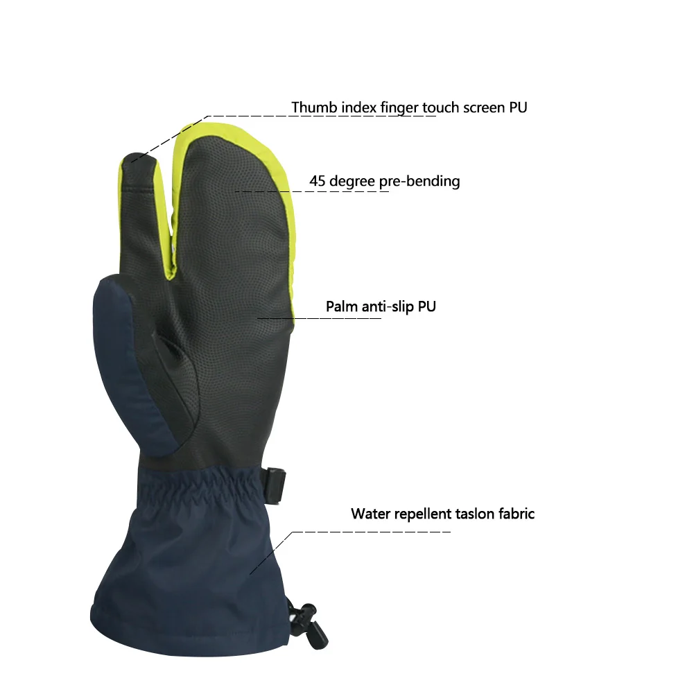 Лыжные перчатки зимние водонепроницаемые теплые толстые перчатки с сенсорным экраном с тремя пальцами для мужчин и женщин для велоспорта на открытом воздухе для альпинизма