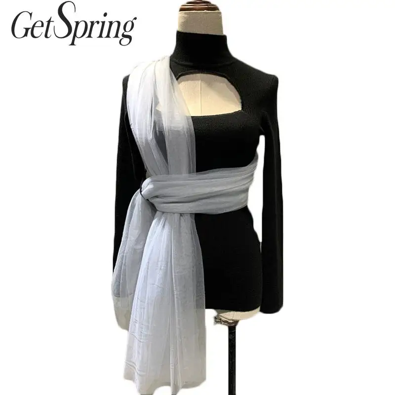 Getвесенний женский свитер, сетчатый лоскутный, открытая водолазка, женские свитера, сочетающиеся цвета, винтажные сексуальные черные вязаные свитера