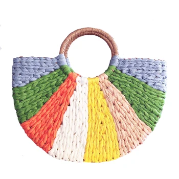 

Women Summer Handbag Handmade Semicircle Woven Beach Bag New Rainbow Female Bohemia Straw Bag Knitted Round Handle Vacation Tote