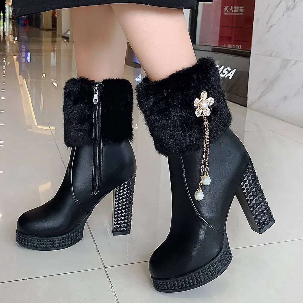 RIBETRINI Hot Women Mid Calf Boots Squar High Heels Metal Chains Pearls Winter Fur Shoes Woman Platform Boots Big Size