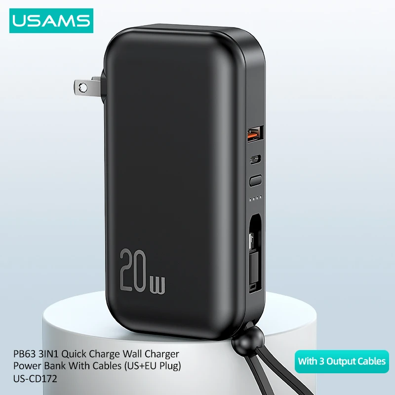 USAMS PD QC 22.5W 10000mAh Quick Charge Wall Charger Power Bank With Cables US EU Plug For iPhone Huawei Xiaomi External Battery