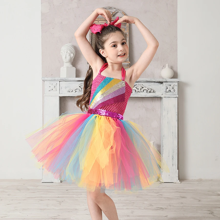 Jojo Siwa Inspired Girls Tutu Dress with Deluxe Bow Sparkly Rainbow Girls Princess Dress Kids Birthday Party Halloween Clothes (25)