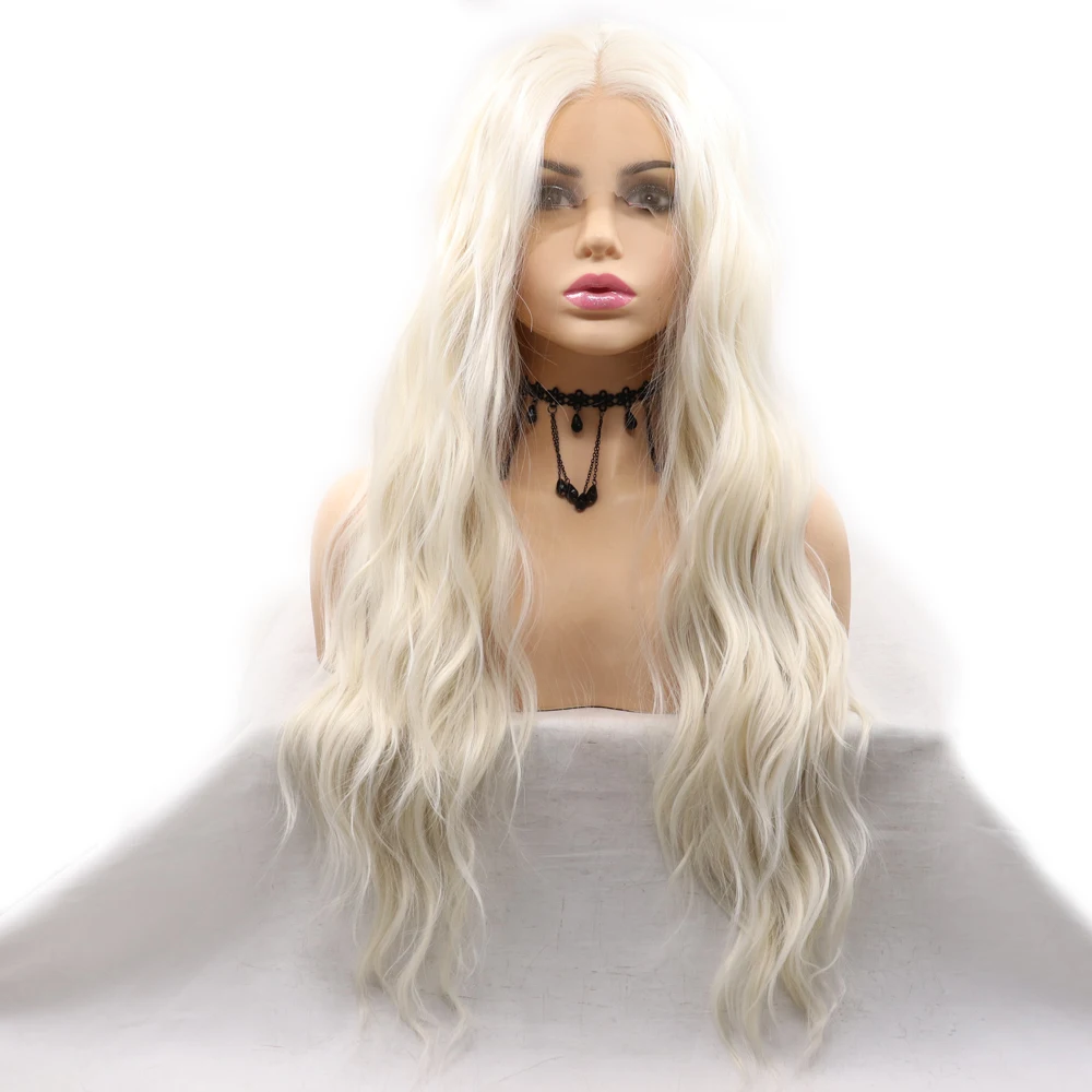 Sylvia 60# блонд Белый синтетический кружевной передний парик свободная волна средняя часть длинные термостойкие волокна волос для женщин