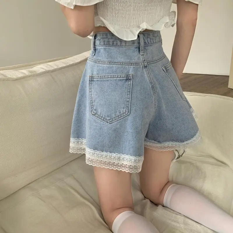 Women Summer Kawaii Sexy Blue Shorts 2021 Cute Girls Fashion All-Match Casual Solid Color Denim Lace Shorts yoga shorts