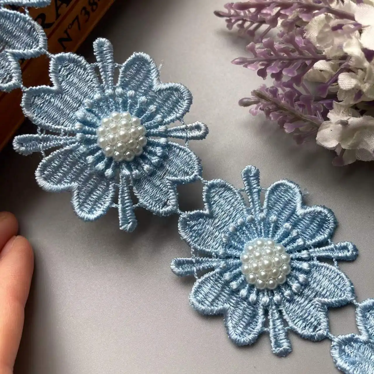 

New 10x Blue Double Layered Pearl Flower Handmade Lace Trim Ribbon Beaded Embroidered Applique Dress DIY Sewing Craft 5cm X 5cm