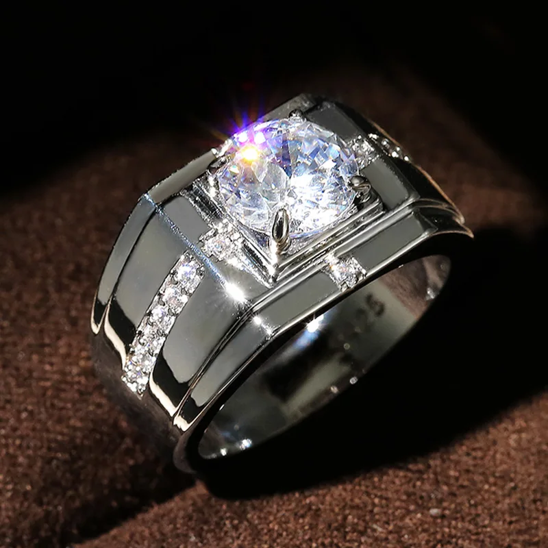 Huitan Luxury Silver Color Round Cubic Zircon Rings for Men Classic Wedding Ceremony Ring Dazzling Male Accessories Jewelry Hot - Image 2