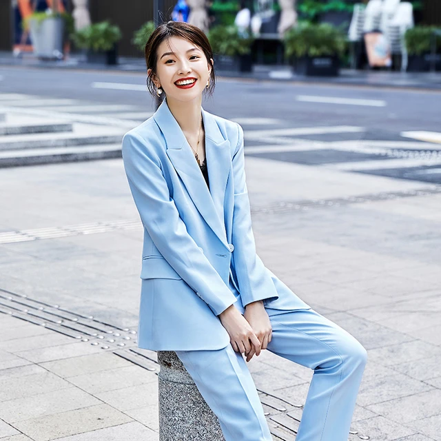 Blazer bleu ciel pour femmes, costumes d'affaires, ensembles pantalon et  veste, uniforme de travail pour bureau, style OL | AliExpress