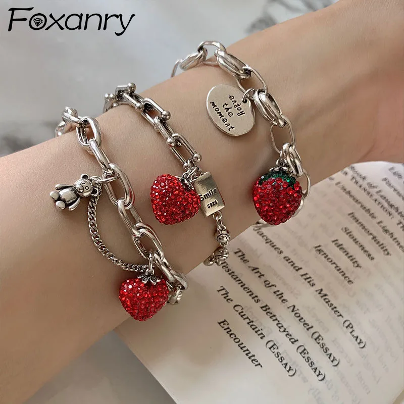 Chain Bracelets for Women Silver Thick Strawberry Zircon Party Jewelry