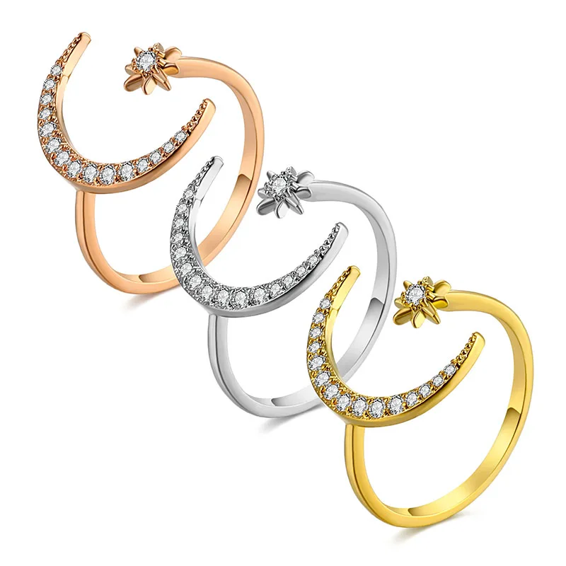 Finger Ring EN New Fashion Crytal Moon & Star Open for Women Girls Wedding Engagement,ring set,gold color rings,stainless steel ring,tibetan silver rings,signet ring,finger watch ring,finger ring,gold color ring,chain ring,half face ring,amethyst zirconia ring,silver ring,opening ring,fidget spinner ring,sparkling heart ring,tungsten ring,adjustable rings,zircon crystal ring,wedding rings,moissanite diamond ring,color change ring,wedding ring,ceramic ring,animal ring