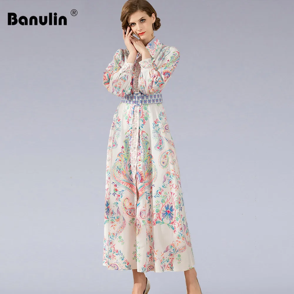 

Print Beach Boho Long Maxi Dress Banulin Brand Runway Designer Long Lantern Sleeve Vintage European Style High Quality Floral