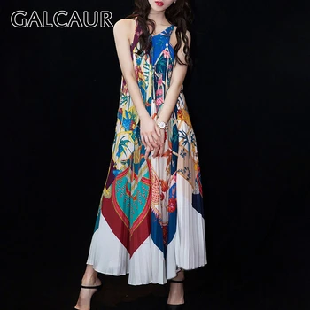 

GALCAUR Print Hit Color Woman's Dress V Neck Sleeveless Sling Large Size Maxi Pleated Dresses Female Summer Fashion 2020 Clothes
