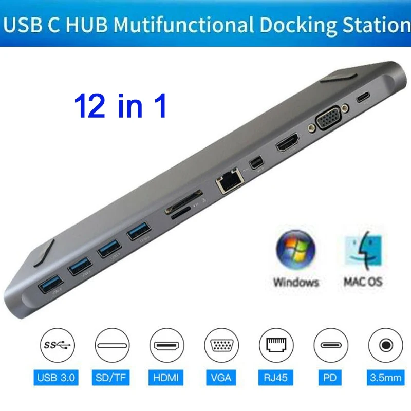 

12 in 1 Multi USB C HUB to HDMI VGA USB 3.0 RJ45 Mini DP 3.5mm Audio Adapter for MacBook Type C HUB for Samsung S8 Huawei Mate10