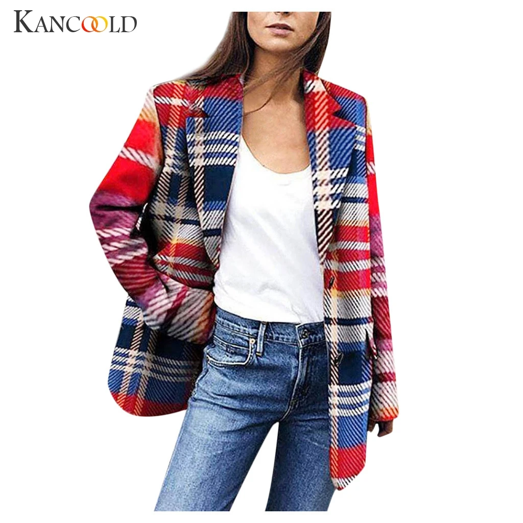 Женская клетчатая офисная куртка KANCOOLD винтажная осенняя с длинным рукавом