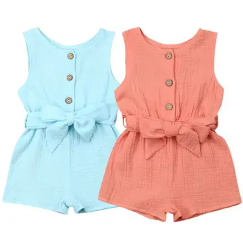 

Summer Casual Toddler Infant Baby Girls Sleeveless Rompers Fashion Sleeveless Solid Kids Beach Outfit Jumpsuit Clothes With Belt
