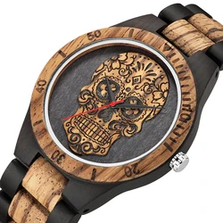Reloj de madera con cabeza de calavera Steampunk para hombre, cronógrafo con grabado de esqueleto, esfera Punk Rock de México, masculino
