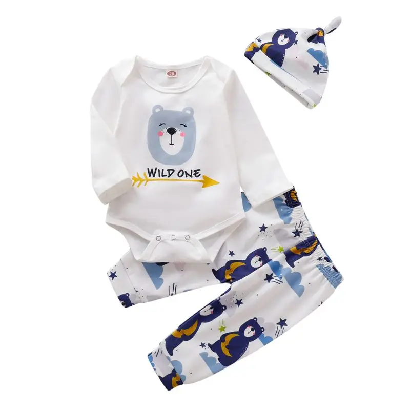 

3pcs Infant Baby Long Sleeve Romper+Cartoon Print Pants+Hat Outfits for 0-18M