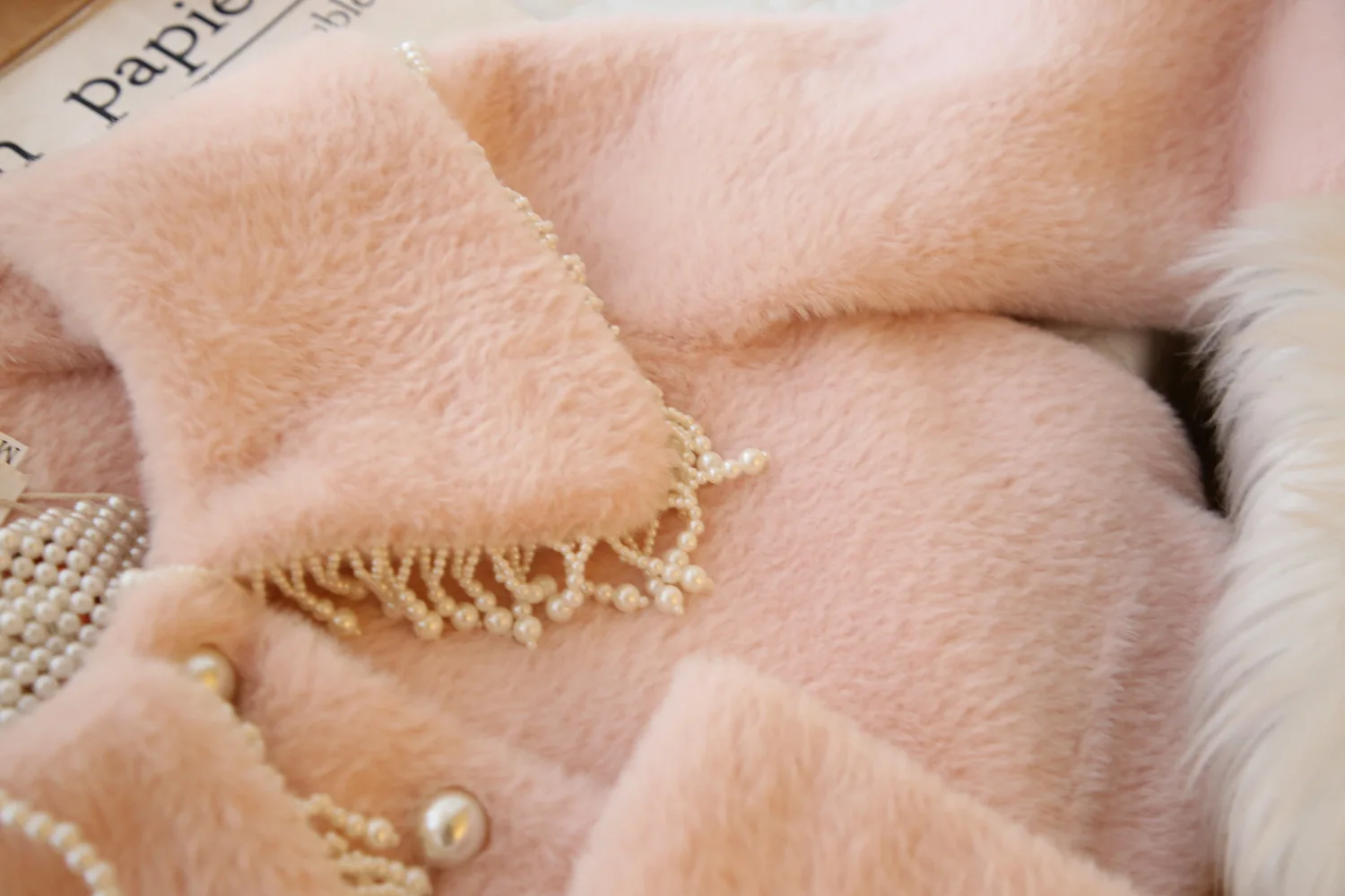 Two Piece Outfits for Women Heavy Industry Pearl Doll Collar Mink Short Coat Skirt Two-piece Suit