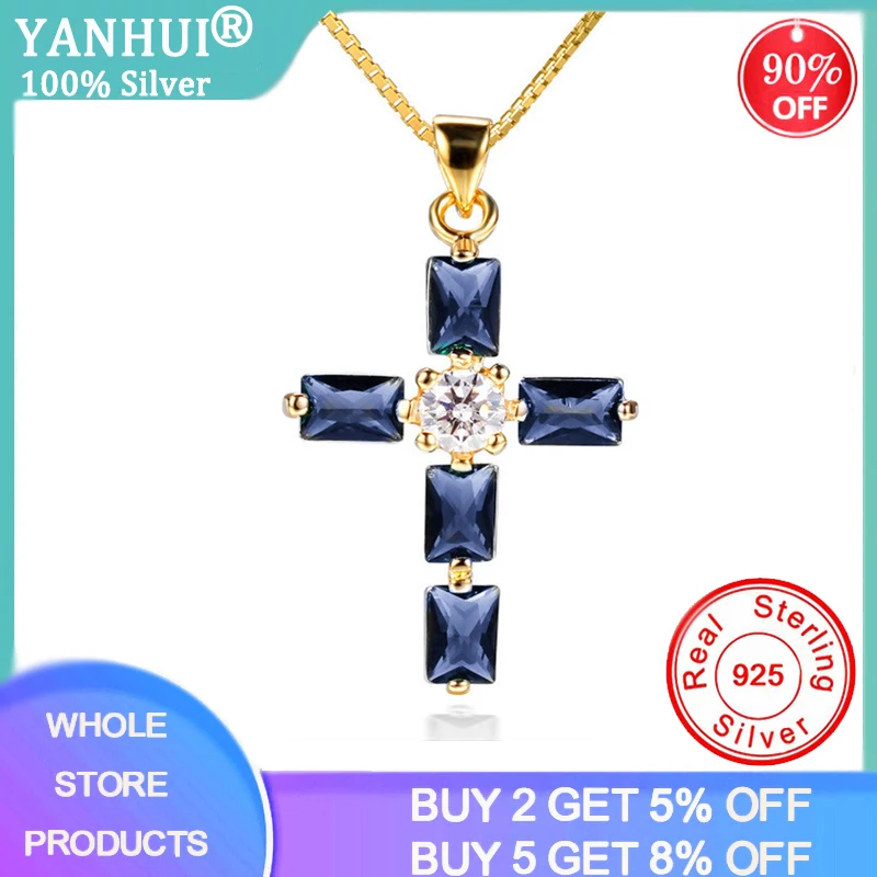 

YANHUI New Design 18K Gold Color Cross Drop Statement Necklace Women Lab Blue Gemstone Sapphire Pendant Necklace ND487