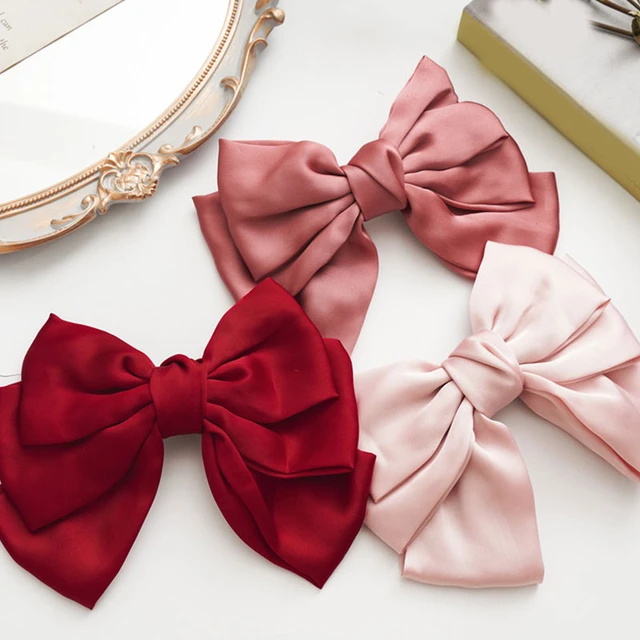 Large Satin Layered Hair Bows Hair Barrettes Clip Long Ribbon Bows Silky  Bowknot with long Tail French Style Hair Accessories for Women Girls 5  Colors Light Colors