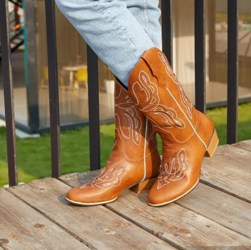 

Women's Boots New for 2020 High Quality Pu Leather Safety Fashion Low Heel Boot Female Vinage Classic Slip-on Western Boot QA005
