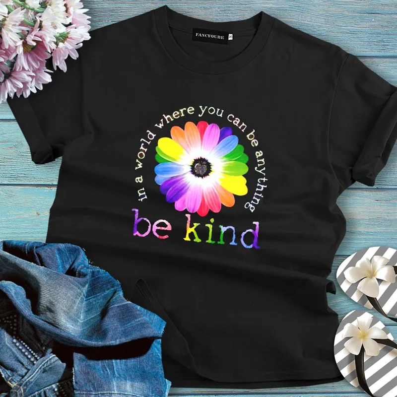 BE KIND футболки с радужным цветком Женские повседневные топы с коротким рукавом и круглым вырезом черные футболки для девочек