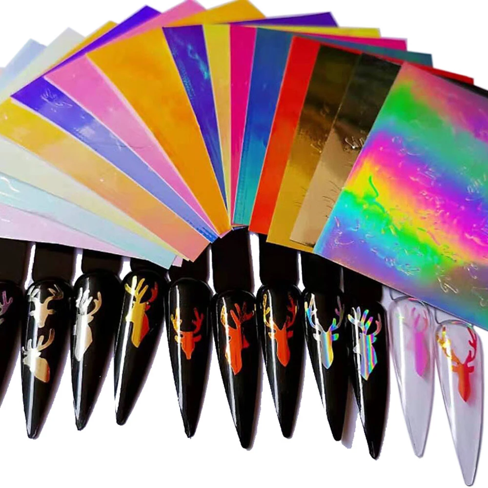 16pcs 3D Nail Sticker Nail Art Christmas Elk Deer Nail Sticker Self Adhesive Flame Nail Applique Colorful Nail Tips