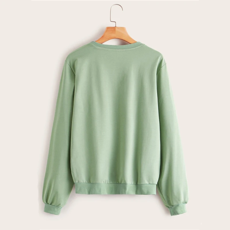 SHEIN Green Letter And Car Print Casual Sweatshirt Pullover Tops Women Autumn Long Sleeve Basic Ladies Fashion Sweatshirts