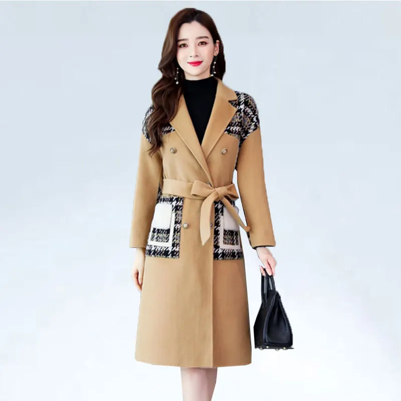 Woman Coat Autumn Winter Fashion Cashmere Coat Splice Double-breasted Wool Coat Women Long Windbreaker Jacket manteau femme