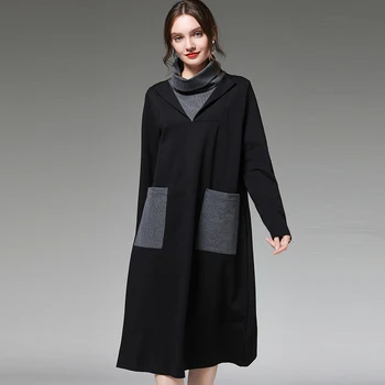 

Dress Winter Lady Plus Size Turtleneck Patchwork Big Pocket Winter Autumn Basic Dresses Female All Match Party Elegant Dress