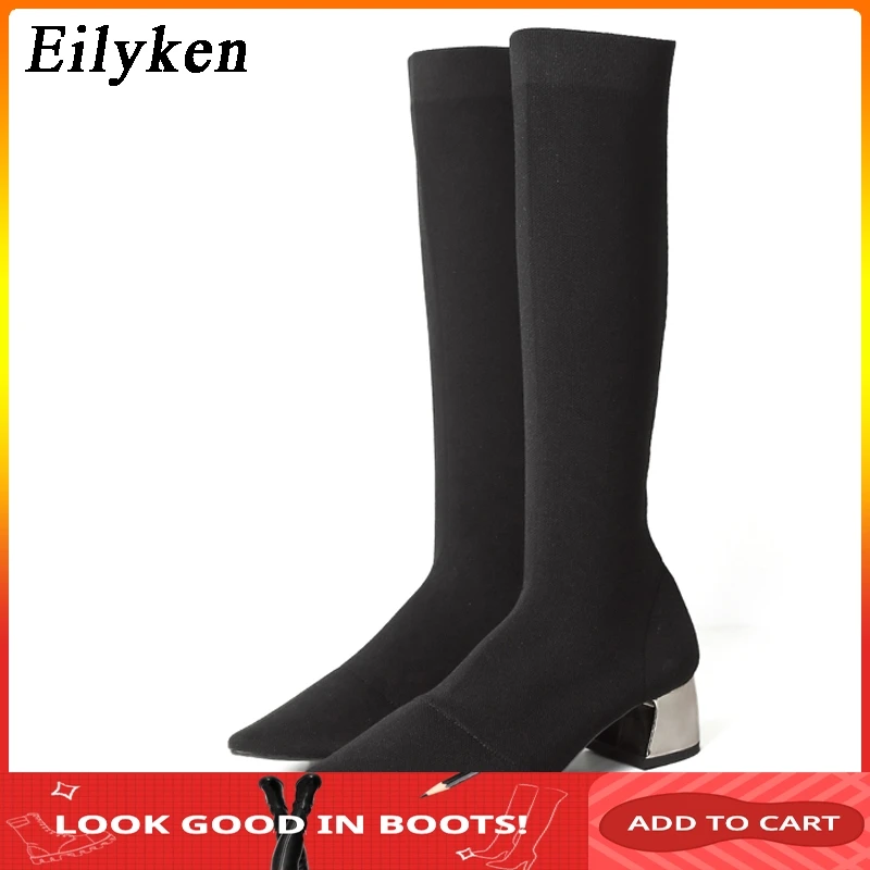 

EilyKen 2019 Winter Knee-High Heel Boots Knitted Stretch Fabric Low heel Metal Loog Boots Black Pointed Toe Chelsea Boots Pumps
