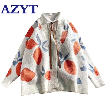 

2020 New Knit Plush Sweater Female Cardigan Fruit Printed Cute Women's Sweater Coat Winter Loose Thicken Women's Cardigan Jacket
