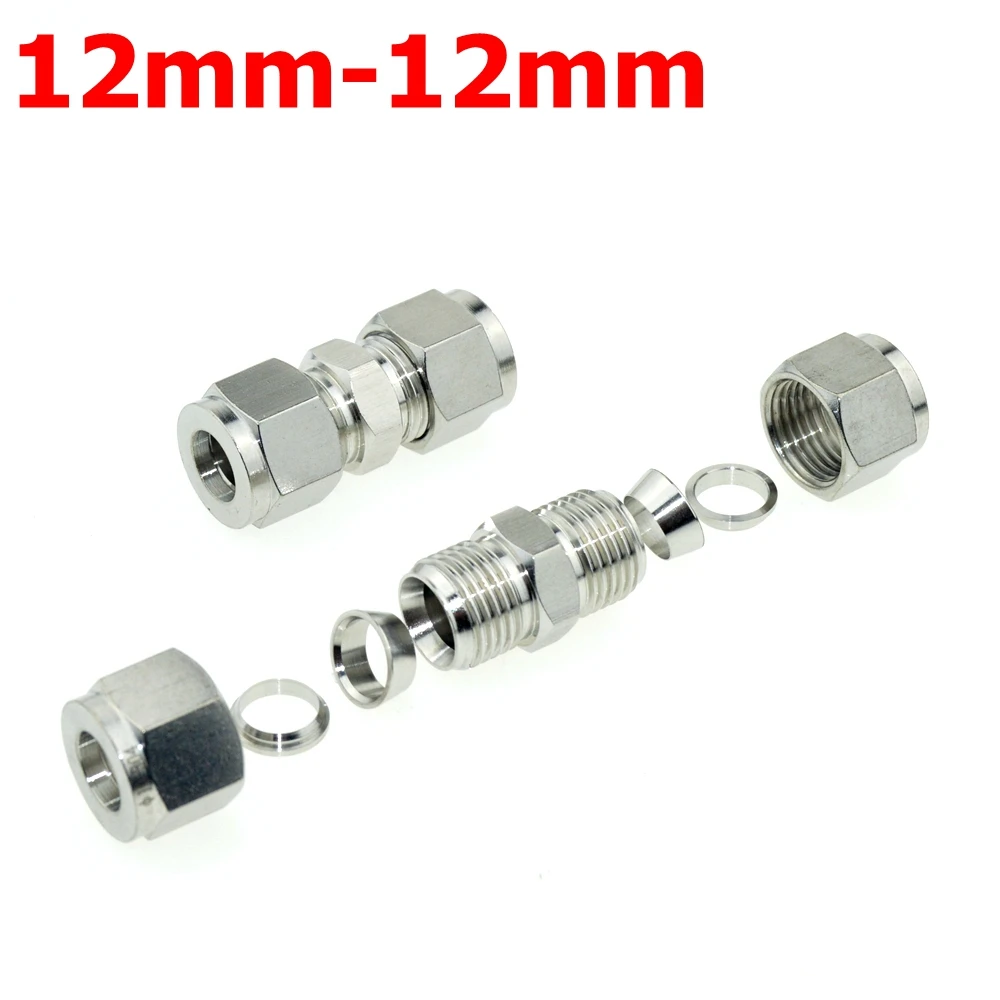 

2Pcs 12mm-12mm Double Ferrule Tube Straight Compression Fitting Coupler SS Pipe Connector Stainless Steel 304