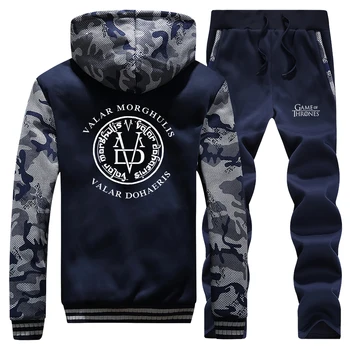 

Game Of Thrones thick Hoodie+Pants 2 Piece Set Valar Morghulis Fleece Jacket Trousers Suit Men Winter Warm Camouflage Sweatshirt