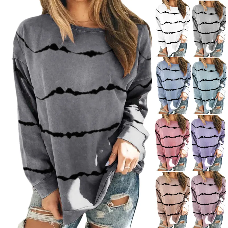 

Tie Dye Striped Prints Long Sleeved T Shirt Sweater 2020 Autumn and Winter Cross Border Foreign Trade Women's Clothing