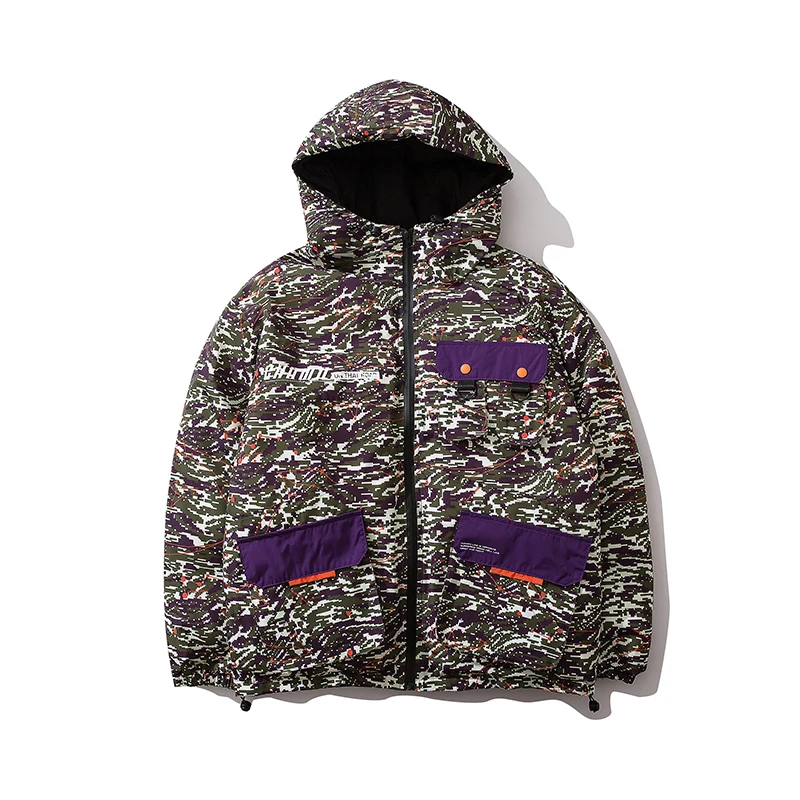 Camouflage Мужская Зимняя Толстая ветрозащитная камуфляжная куртка-парка с капюшоном, уличная негабаритная куртка с буквенным принтом, хлопковая стеганая верхняя одежда, пуховое пальто - Цвет: Camouflage