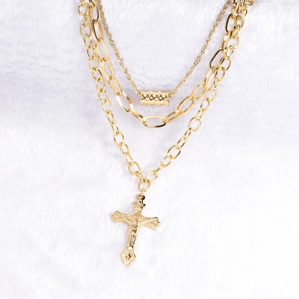 SDA  Hiphop Punk  Rock Jewelry Gold Color Stainless Steel Long Chains Set  Jesus Cross Pendants
