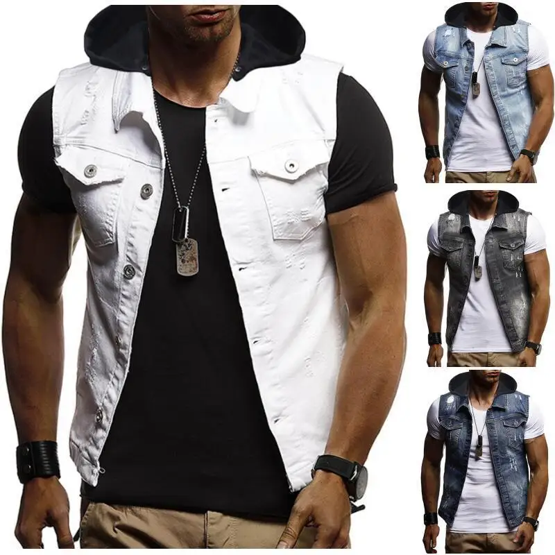 

2018 Men'S Wear Autumn New Products Men Perforated Hole Decoration Button Hooded Denim Waistcoat 39