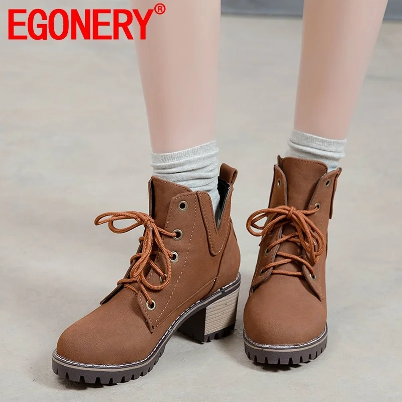 

EGONERY winter warm new concise casual ankle boots outside high heels platform cross-tied plus size women shoes drop shipping