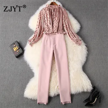 

2020 New Elegant Lady Office Two Piece Outfits Women's Fashion Ruffle Polka Dot Print Chiffon Blouse and Pants Suit Set Twinset