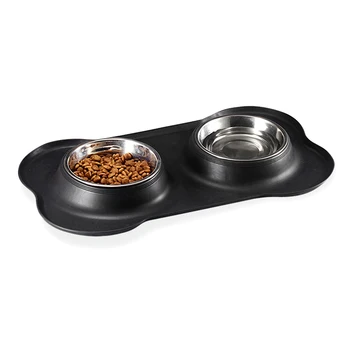 

Pet Dual Bowl Feeding Station Stainless Steel Food Water Bowls With Anti-Skid Non-Spill Silicone Mat For Cats Dogs 46x27x15cm