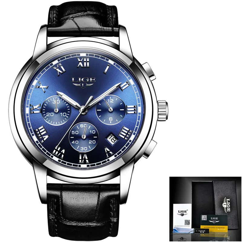 LIGE мужские часы Топ люксовый бренд полная сталь водонепроницаемые спортивные кварцевые часы мужские модные часы с хронографом Relogio Masculino - Цвет: Silver blue L