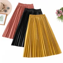 Осенне-зимняя плиссированная винтажная юбка из искусственной кожи Женская эластичная высокая талия однотонная облегающая элегантная юбка миди Harajuku уличная