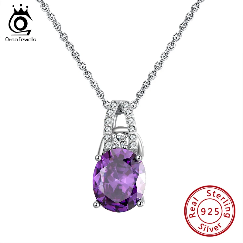 ORSA JEWELS новейшее 925 пробы Серебряное скользящее ожерелье с кулоном овальной огранки фиолетовый мелкий циркон для свадебной вечеринки изысканное ювелирное изделие SN202