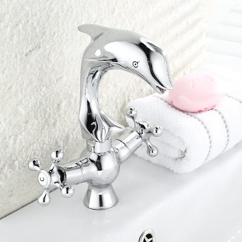 

Luxury Basin Sink Faucet Bathroom Chrome Dolphin Faucets Cold And Hot Taps Double Handle Hot And Could Tap Mixer Deckmounted