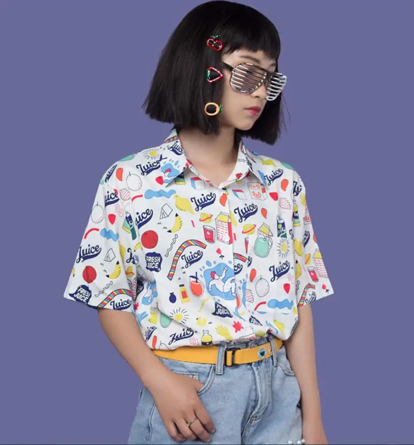 Summer New Harajuku BF Style Women Cartoon Print Turn Down Collar Short Sleeve Shirt