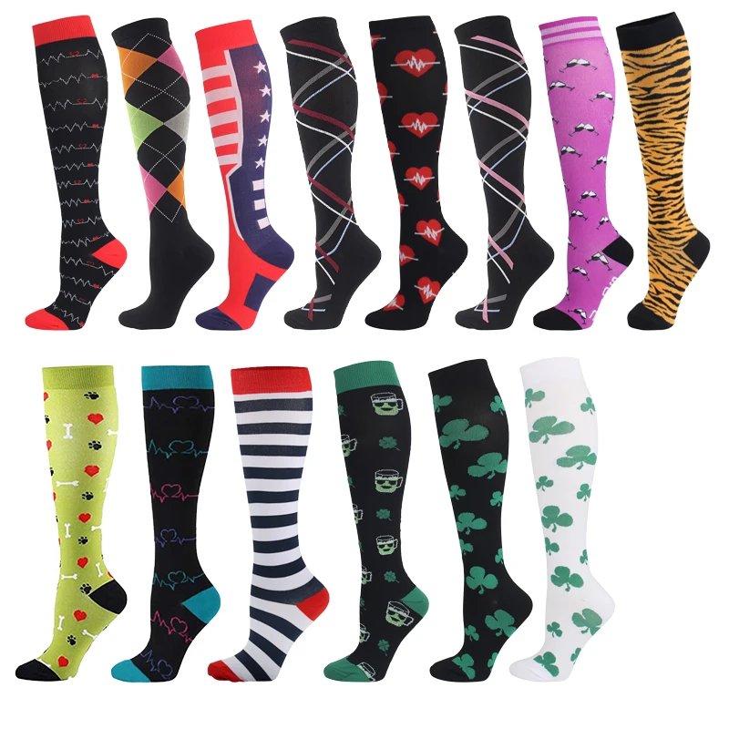 HUAYASX Sport Kompression Socken Druck Rhombischen Streifen Ball Liebe Herzen Sterne Leopard Pfeil Elastische Strümpfe Outdoor Sport – Detail 3