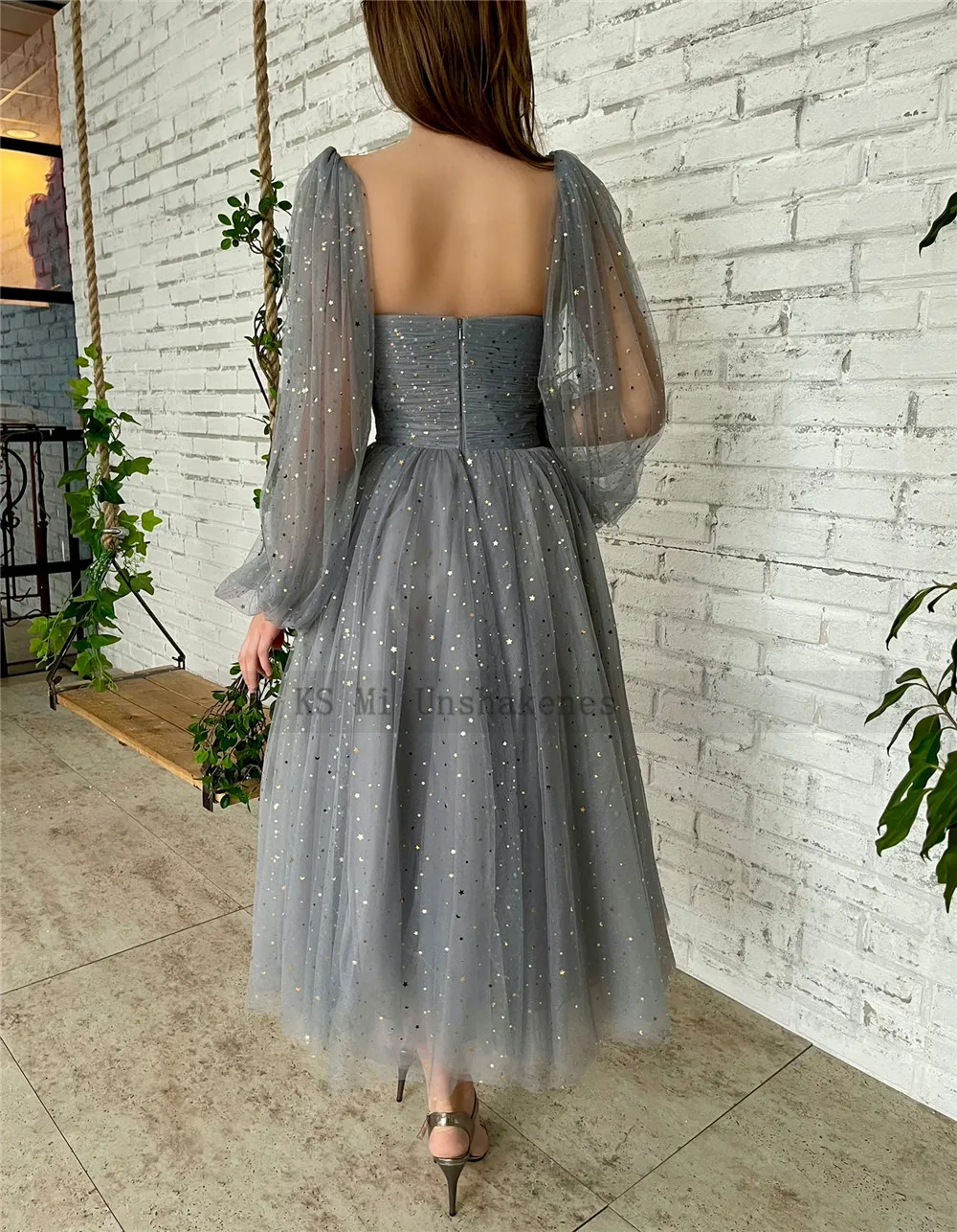 Starry Tulle Gray Prom Dresses Capelet Midi-length Wedding Party Dress Puff Long Sleeve Cheap Homecoming Christmas Gowns 2022 navy blue prom dresses