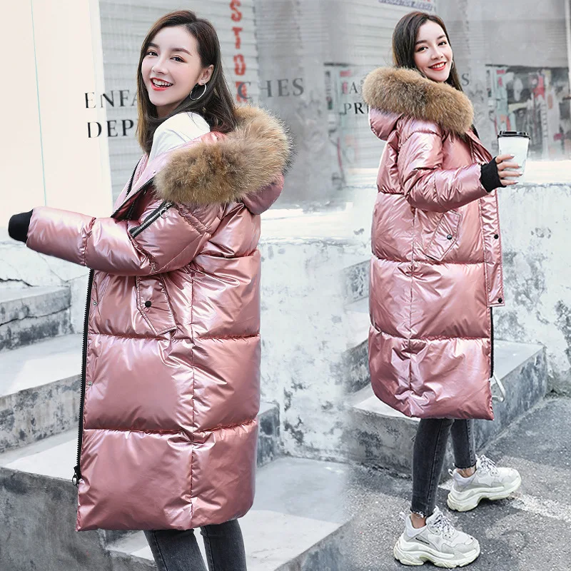 Fashion Winter Womens Long Glossy Big Fur Silver Down Jackets Hooded Coat Down Parkas Thick Winter Jacket Women Outwear