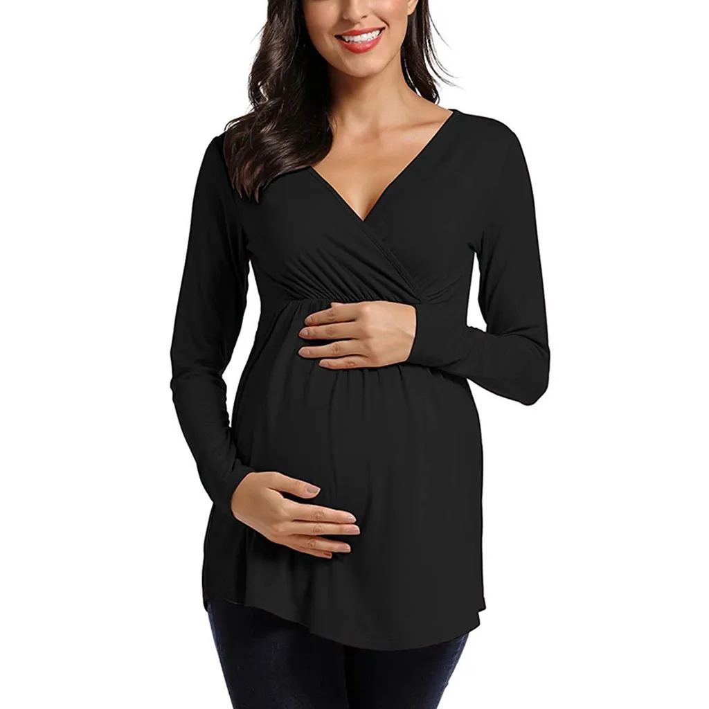 

Maternity T-shirt Women Long Sleeve Solid Color Nursing Tops T-shirt For Breastfeeding Clothes for Pregnant V-neck Shirt Tees