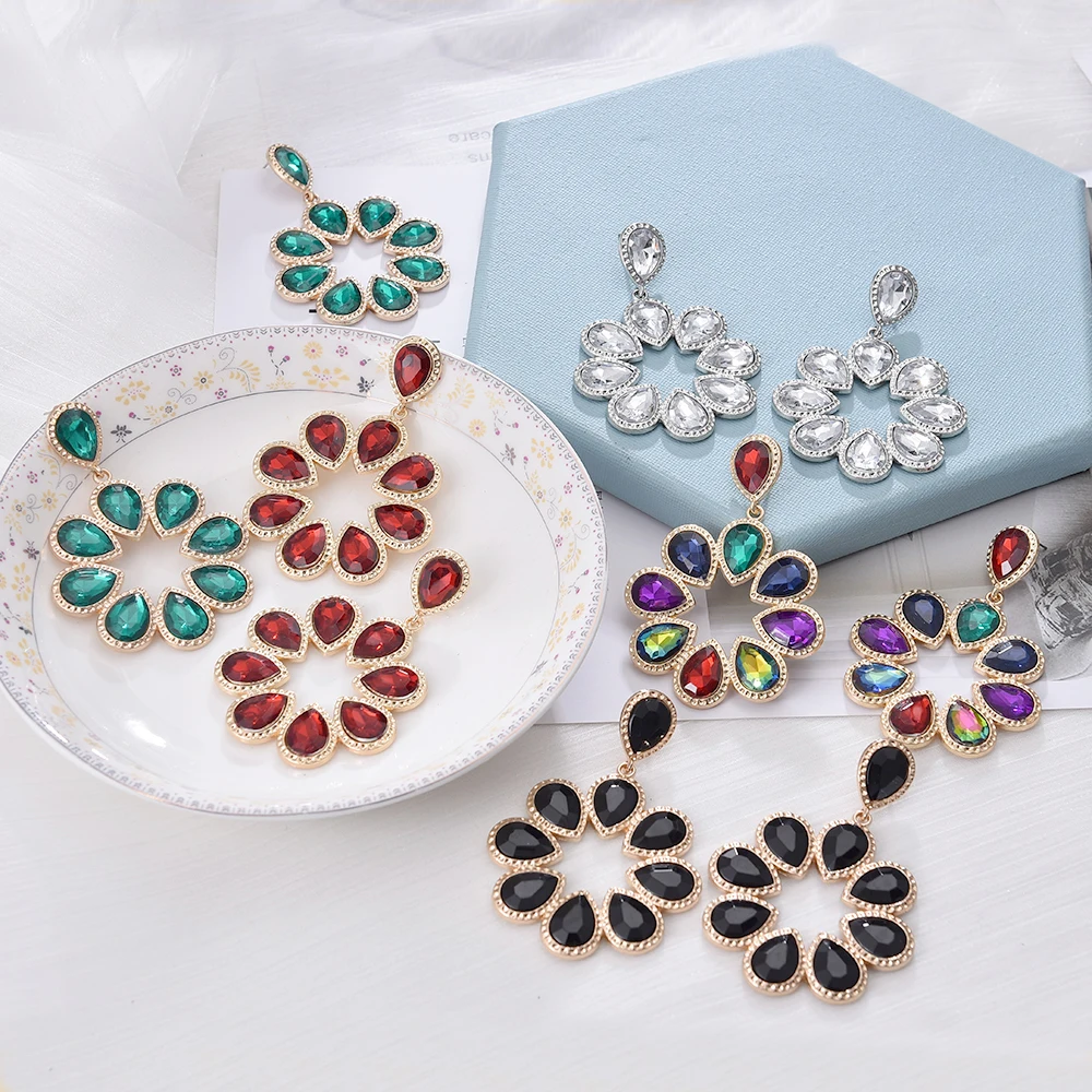 

Ztech Fashion Flower-Shaped Colorful Rhinestone Dangle Drop Earrings High-Quality Clear Crystals Jewelry Accessories For Women